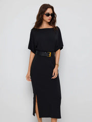 High Stretch Boat Neck Batwing Sleeve Straight Maxi Dress With Belt