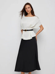 Satin Batwing Sleeve Top & Mid Rise Mermaid Skirt Set with Belt