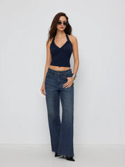 Cotton-blend Halter Neck Lace Trim Slim Cami Top