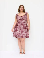 Mesh Sweetheart Neck Floral Lace Trim Knotted Mini Dress Curve & Plus