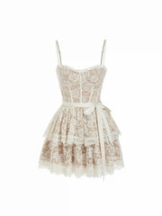 Lace Textured Sculptural Sweetheart Neck Layered Bowknot Tiered Mini Dress