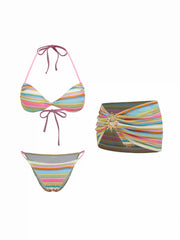 Halter Neckline Striped Bracelet Top & Low Rise Bikini Bottom 3 Piece Bikini Set