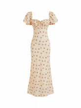 Satin Floral Sweetheart Puff Sleeve Ruched Lettuce Trim Mermaid Maxi Dress