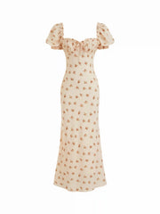 Satin Floral Sweetheart Puff Sleeve Ruched Lettuce Trim Mermaid Maxi Dress