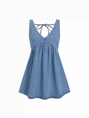 Denim V-neck Tie Back A-line Oversized Mini Dress