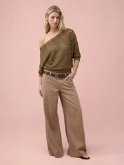 Knit Asymmetrical Neckline Middle Sleeve Top