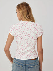 Cotton-blend Floral Round Neck Short Sleeve Tee