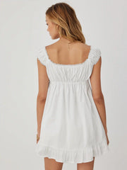 Cotton-blend Square Neck Puff Sleeve Drawstring Ruffle Hem Oversized Babydoll Mini Dress