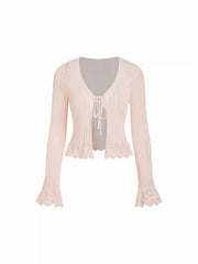 Knit Textured V-neck Bell Sleeve Cardigan