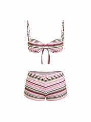 Sweetheart Striped Bowknot Lace Trim Underwire Bikini Set