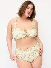 Sweetheart Floral Eyelet Embroidery Lettuce Trim Triangle Bikini Set With Sarong Curve & Plus