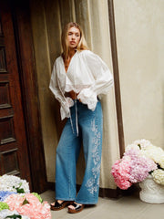 Denim Floral Embroidery Low Rise Straight Leg Jeans