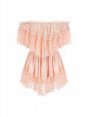 Satin Off-shoulder Lace Ruffle Belted A-line Mini Dress