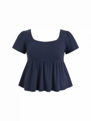 Cotton-blend Square Neck Babydoll Lace Trim Peplum Short Sleeve Top Curve & Plus