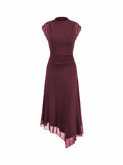 High Neck Ruched Asymmetrical Hem Midi Dress