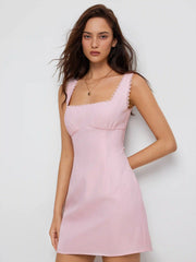 Cotton Textured Square Neck Lace Trim A-line Mini Dress