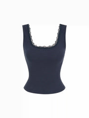 High Stretch Cotton-blend Scoop Neckline Lace Trim Tank Top