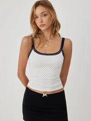Cotton-blend Polka Dot Scoop Neckline Lace Trim Cami Top