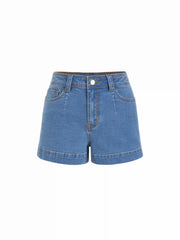 Stretch Denim High Rise Washed Metal Detail Shorts