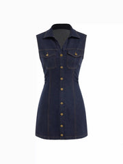 Stretch Denim Washed Metal Detail Shirt Mini Dress