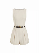 Linen-blend Boat Neck Mid Rise Romper With Belt