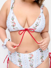 Strawberry Floral V-Neck Tie Front Bracelet Bikini Set With Scrunchie Curve & Plus