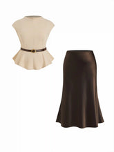 Stand Collar Cinched Waist Top With Belt & Zipper Mermaid Maxi Skirt Set Curve & Plus