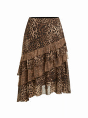 Chiffon Mid Rise Leopard Print Layered Maxi Skirt Curve & Plus
