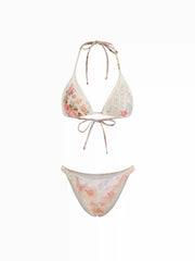 Halter Neckline Floral Lace Trim Triangle Bikini Set With Sarong & Scrunchie