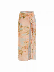Semi-sheer Low Rise Fruit Graphic Knotted Ruffle Hem Sarong