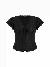 Chiffon V-Neck Ruffle Sleeve Lace Panel Top Curve & Plus