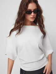 Cotton-blend Boat Neck Batwing Sleeve Drawstring Tee
