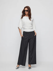 Cotton-blend Boat Neck Batwing Sleeve Drawstring Tee