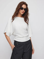 Cotton-blend Boat Neck Batwing Sleeve Drawstring Tee