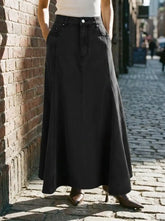 Washed Denim Metal Detail High Rise A-line Maxi Skirt