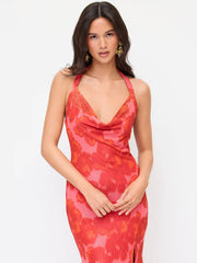 Floral Mesh Halter Neck Asymmetrical Split Mermaid Maxi Dress