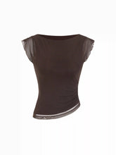 Mesh Boat Neck Lettuce Trim Ruched Top
