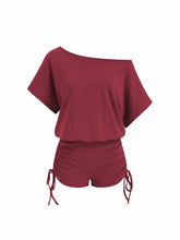 Asymmetrical Neck Drawstring Ruched Tie Back Romper
