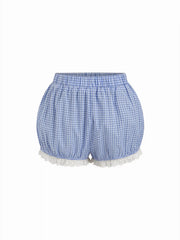 Cotton Square Neck Lace Panel Gingham Top & Mid Rise Bubble Hem Shorts Set