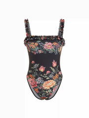Square Neck Floral Ruffle Trim One Piece Swimsuit