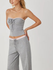 Cotton-blend Drawstring Bandeau Top & High Rise Wide Leg Trousers Set