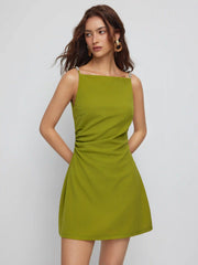 Square Neck Beaded Ruched A-line Cami Mini Dress