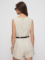 Linen-blend Boat Neck Mid Rise Romper With Belt