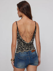 Lace Cowl Neck Ruffled Backless Cami Top With Chain