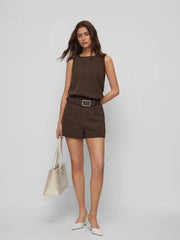 Round Neckline Striped Top & Mid Rise Striped Shorts Set with Belt