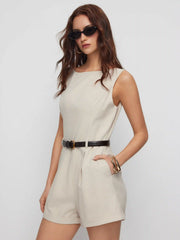 Linen-blend Boat Neck Mid Rise Romper With Belt