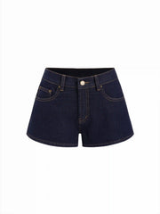 Denim Mid Rise Washed Metal Detail Riding Shorts