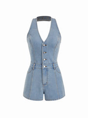 Denim Halter Neckline Washed Metal Detail Mid Rise Romper