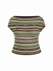 Knit Striped Pointelle Boat Neck Short Sleeve Top Curve & Plus