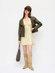 Satin Floral V-neck Ruffle Sleeve Flared Mini Dress